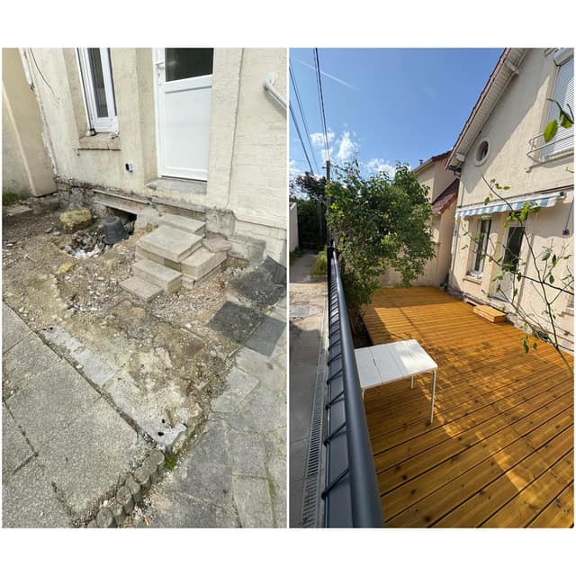 Création d'une terrasse en bois dans une cour, photo avant et après travaux